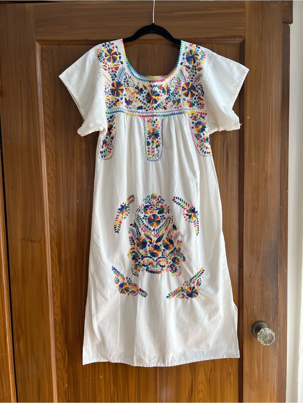 White Embroidered Dress with Multicolor Floral Motif